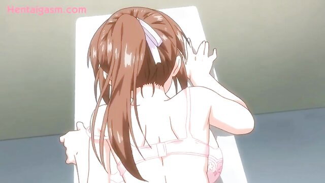 Anime teen in white bra ponytail presses against glass big ass view