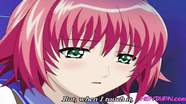 Blushing pink-haired Japanese hentai teen with big green eyes