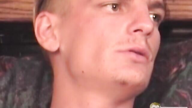 Bald white guy closeup smirking in AuntieBob gay voyeur jerk off video