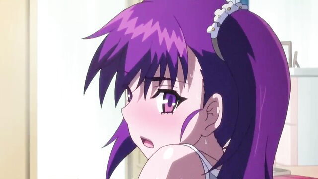 Purple-haired anime babe with huge tits in sexy balcony tease