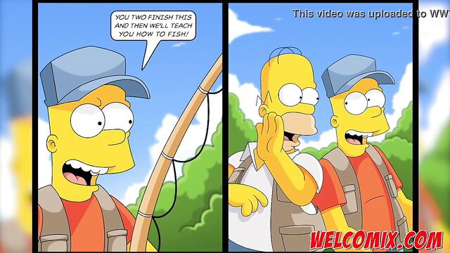 Homer and Bart Simpson fishing parody thumbnail with big tits orgy vibe