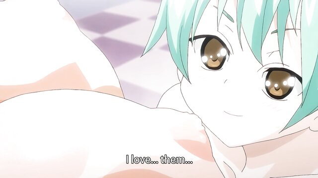 Cute teal-haired anime girl with big tits says 'I love them' in Cherry & Gal's group sex Ep 2