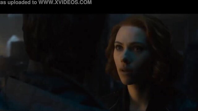 Scarlett Johansson lookalike in black leather stares intensely closeup