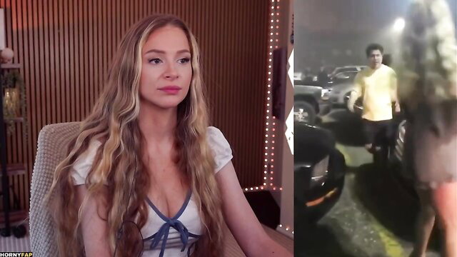 Bebahan in lingerie on webcam, guy follows hot blonde outside