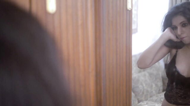 Indian teen in black lace lingerie on webcam, teasing with phone