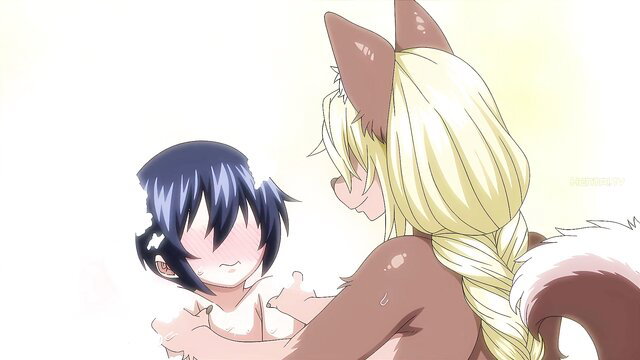 Big-titted blonde foxgirl milf hugs nude black-haired loli in hentai Ep.2