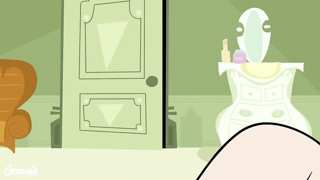 Cartoon Frankie in bathroom, nude plump ass bent over sink, solo tease