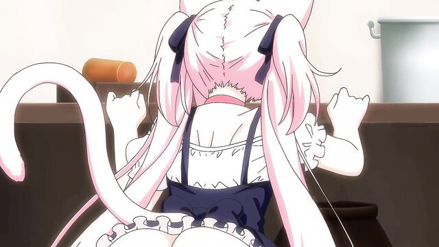 Catgirl maid with huge ass in frilly dress, tail upskirt view