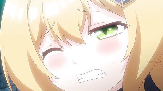 Blonde anime girl with big green eyes, blushing worried face closeup