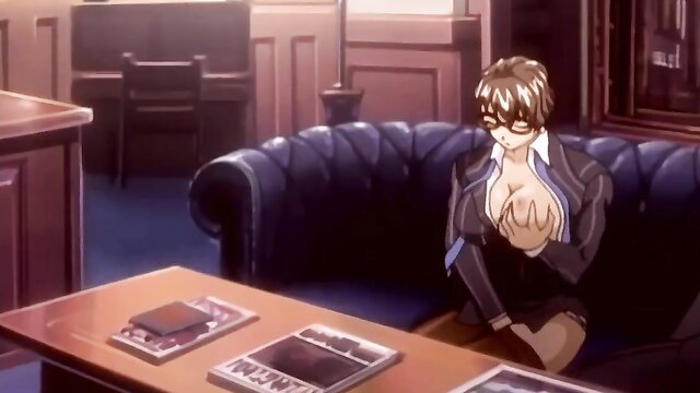 Busty anime stepmom in suit grabs huge tits on couch, wild lesbian tease