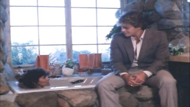 Kay Parker hairy MILF in bubble bath, busty nude with suited man