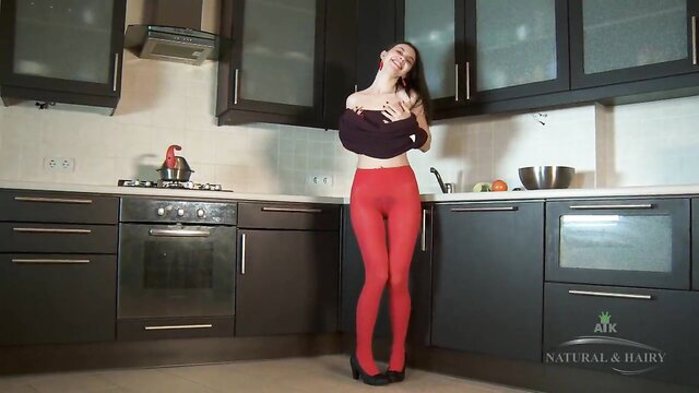 Hairy Claire strips in red stockings in kitchen - ATK Hairy