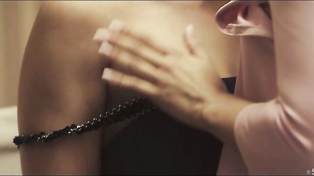 Tracy Delicious & Nessy Wild touching in lingerie after dinner