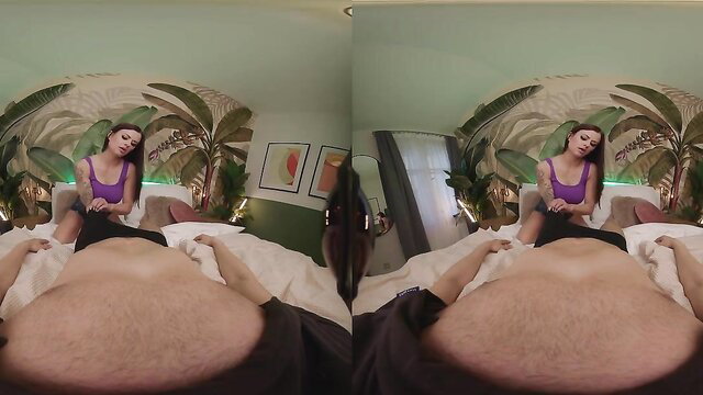 Sexy Asian coquette in purple top massages cock in steamy VR POV