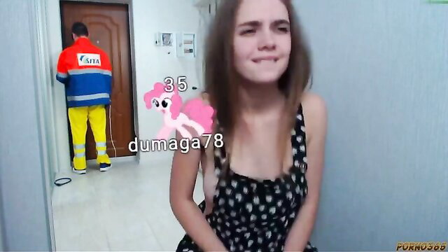 Petite teen in polka dot dress with man in uniform on webcam