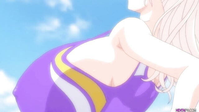 Blonde hentai girl in purple sports bra, huge tits sideboob tease