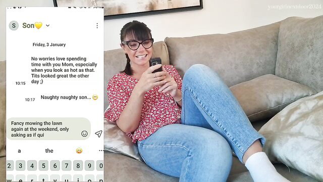 Hot MILF in glasses sexting naughty son on phone, taboo mommy chat