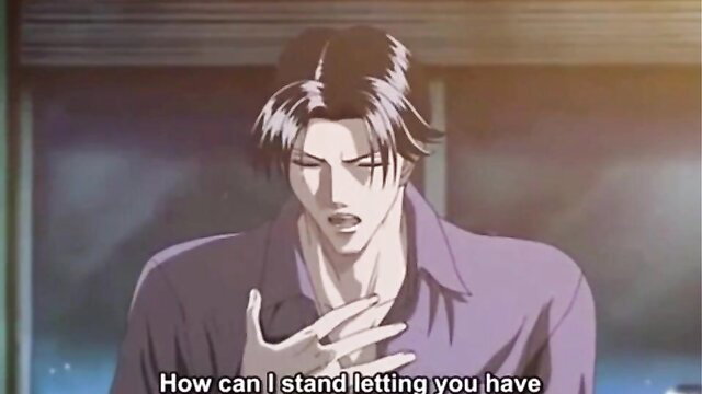 Anime hunk in purple shirt grabs throat in raw OVA sex scene