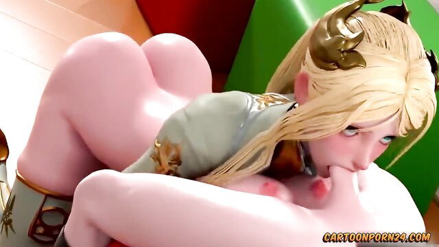 Blonde horned cartoon babe with huge ass in explicit oral threesome