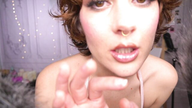 Quiet creative brunette with small tits teases lips in sexy ASMR closeup