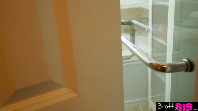 Lana Rhoades in luxurious shower bathroom with grab bar