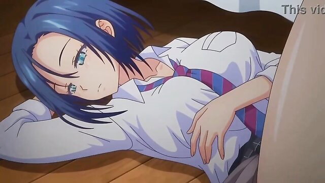 Blue-haired hentai schoolgirl in unbuttoned shirt, big tits exposed