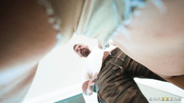 Brunette Exxtra's big tits upskirt view with man in POV from below