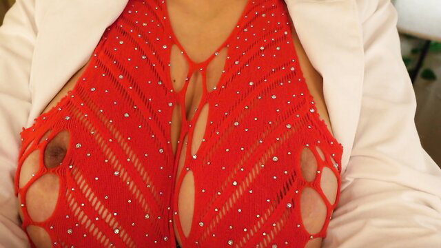 Irma La Dulce ASMR nurse in red sparkly lingerie shows huge tits peek-a-boob
