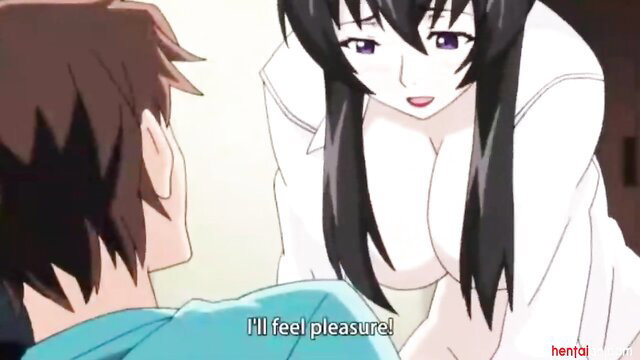Busty black-haired anime mom in white shirt teases schoolboy gamer
