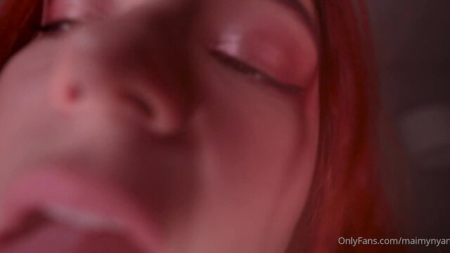 Little Devil ASMR closeup: seductive redhead with glossy lips and eyes