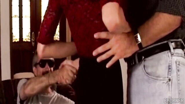 Redhead MILF in lace top groped by two men in hot threesome tease