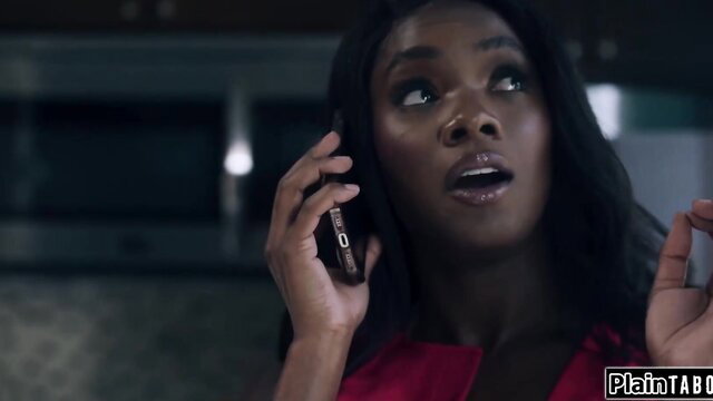 Ana Foxxx shocked on phone in red dress, hot ebony babe