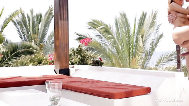 Tracy Smile nude on holiday balcony, natural tits out, outdoor sex