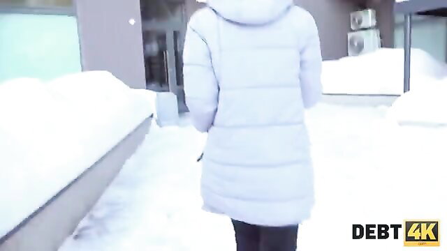 Calibri Angel in white puffer jacket walking in snow, debt 4K