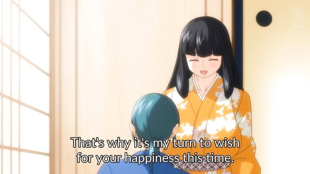 Anime babe in orange kimono smiles warmly at man from behind