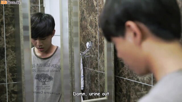 Asian guy in bathroom mirror reflection, shirtless hot amateur