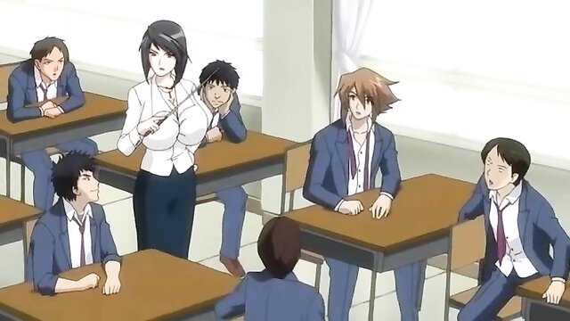 Busty anime milf teacher with students in classroom hentai