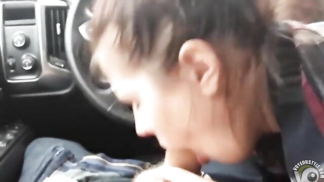Amateur babe gives public car blowjob in upskirt view