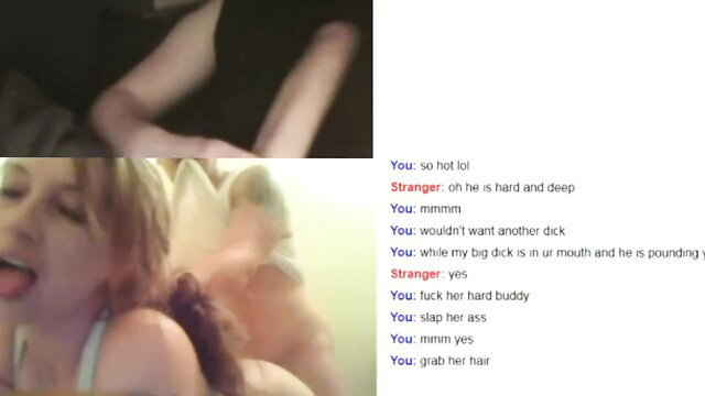 Amateur Omegle girl moans with stranger's big dick in mouth, hair grabbed