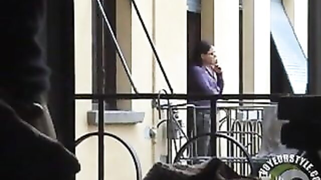Hot neighbor's visible camel toe on balcony, teasing hard rod