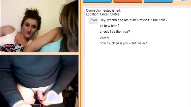 Brunette woman dominates man on Omegle, CBT ball punch humiliation