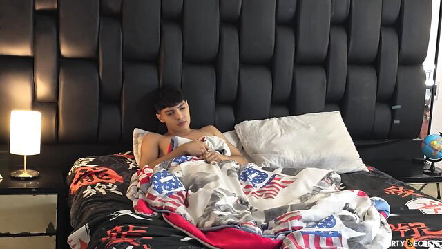 Hanna Miller topless Asian twink lounging seductively in bed