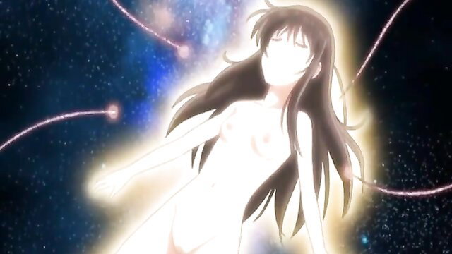 Nude anime girl with long black hair glowing in cosmic space hentai scene