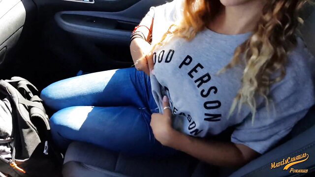 Madeincanarias in car, grey good person tee, blue jeans, redhead tease