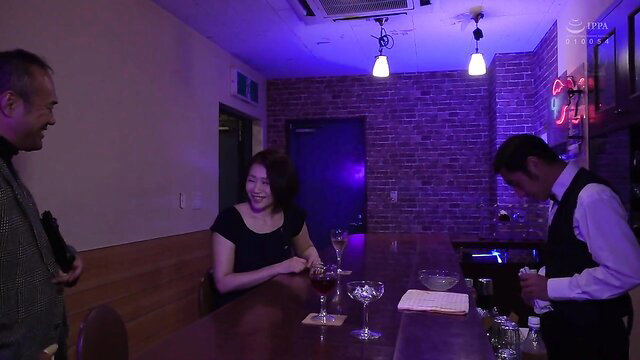 Middle-aged Japanese couple at bar on post-breakup vacation, intimate vibes
