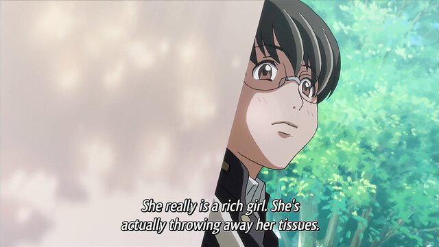 Hentai anime girl with glasses in uniform, rich girl tossing tissues