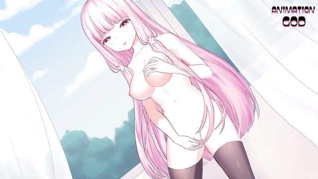 Pink-haired anime girl nude teasing pussy and tits by window