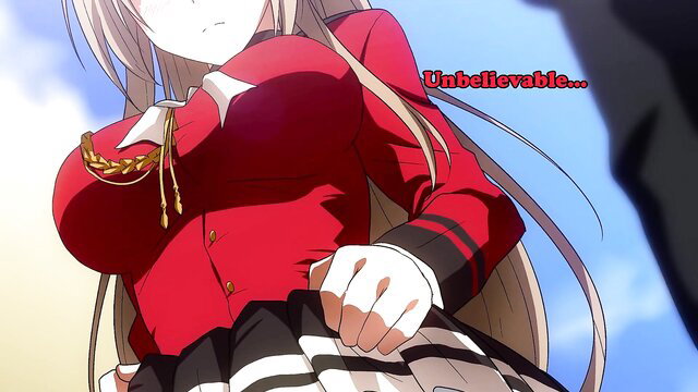 Sento Isuzu in tight red uniform, huge tits spilling out, femdom JOI cuck stare