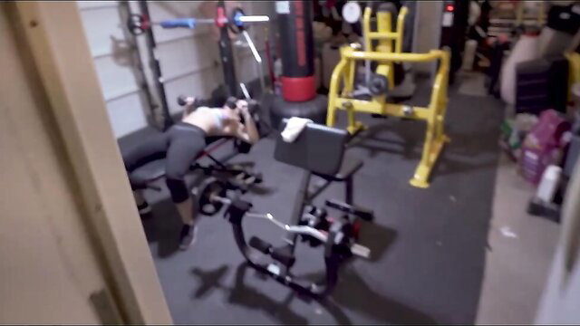 Sheena Ryder topless after workout on bench, lesbian rubdown tease