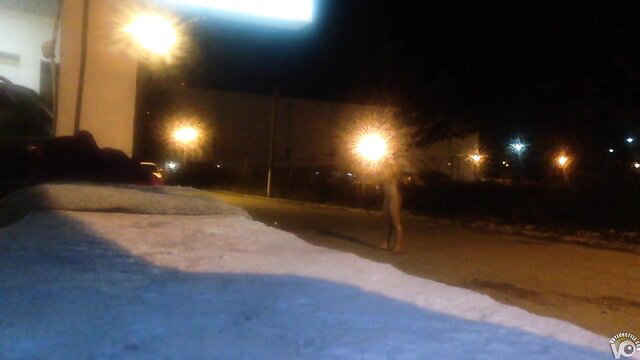 Amateur babe flaunts oiled tight pussy & body in public night